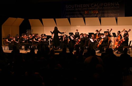 Yeon Choi conducts the Tesoro High School Chamber Orchestra during a performance at the Southern California School Band and Orchestra Association conference in January. Photo by Steven Georges/CUSD Insider