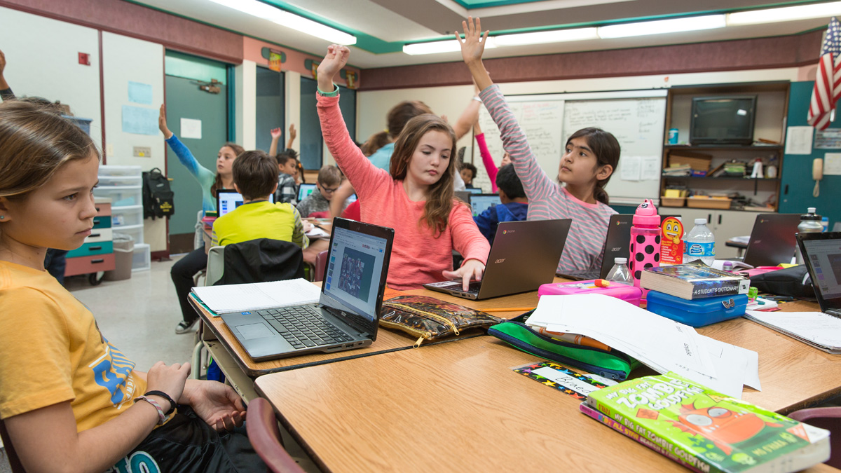 students raising their hands